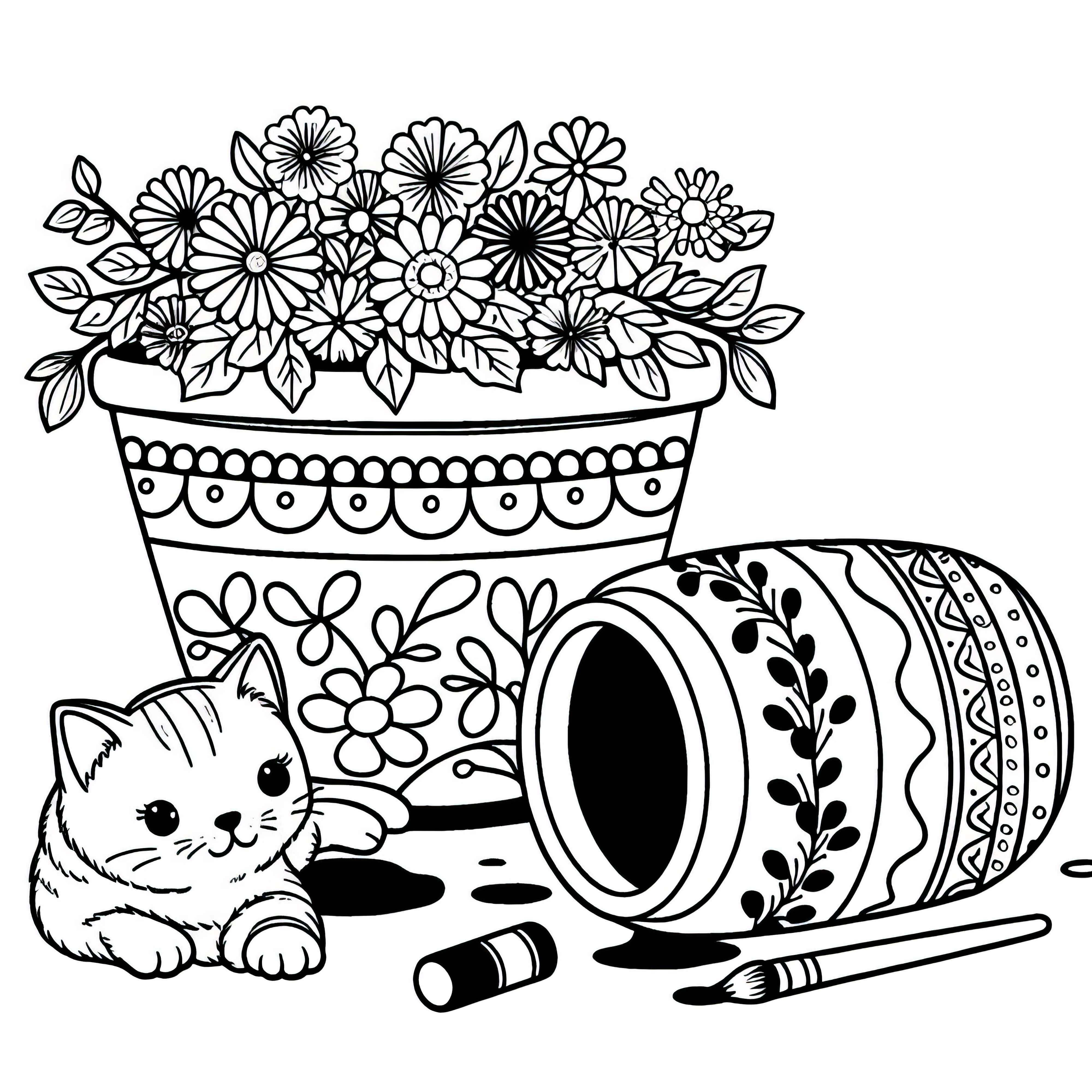 Un chaton est allongé à côté d'un pot de fleurs renversé - Image à colorier gratuite Un chaton est couché à côté d'un pot de fleurs renversé - dessine-le gratuitement
