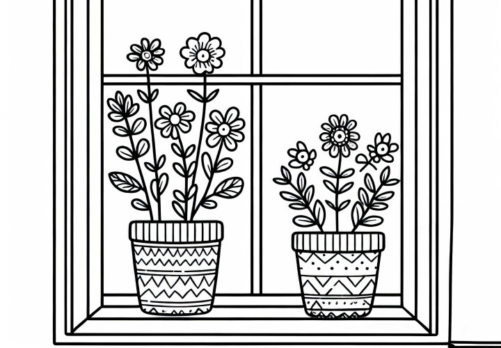 Deux pots de fleurs sur le rebord de la fenêtre - Télécharger gratuitement un coloriage Deux pots de fleurs sur le rebord de la fenêtre – Image à colorier à télécharger gratuitement