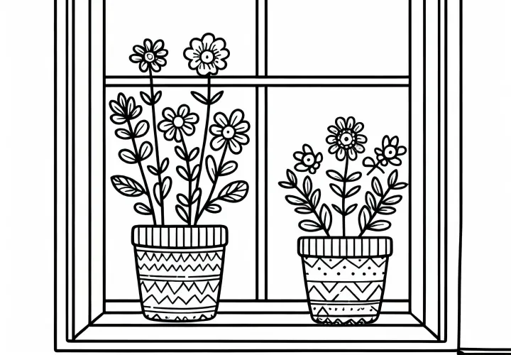 Dva květináče na okenní římse - omalovánka ke stažení zdarma