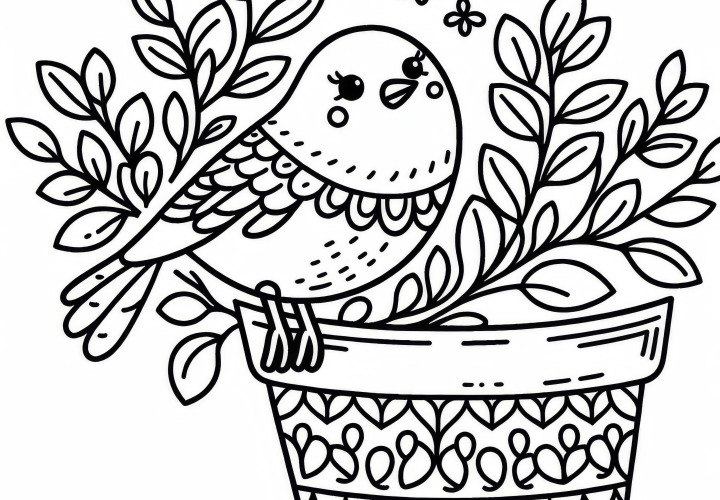 Un oiseau est assis au bord d'un pot de fleurs - Modèle de coloriage gratuit Un oiseau est assis au bord d'un pot de fleurs - Modèle à colorier gratuit