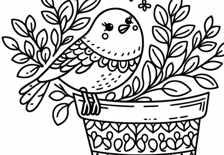 Pták sedí na okraji květináče – zdarma omalovánka
