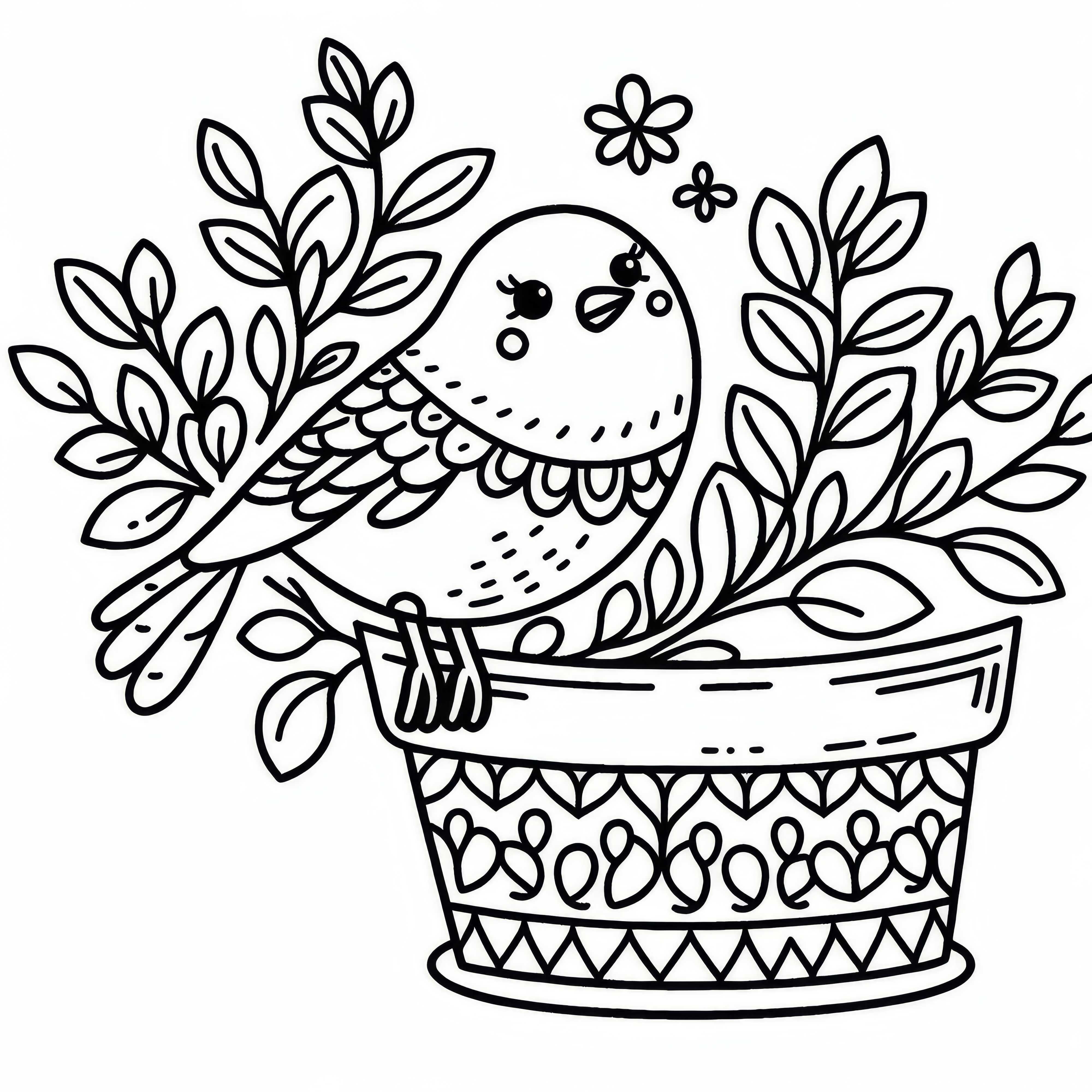 Un oiseau est assis au bord d'un pot de fleurs - Modèle de coloriage gratuit Un oiseau est assis au bord d'un pot de fleurs - Modèle de coloriage gratuit