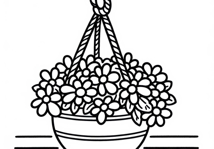 Le pot de fleurs pend à une corde sur le balcon - Image à colorier gratuite Un pot de fleurs suspendu à une corde sur le balcon – Dessin à colorier gratuit