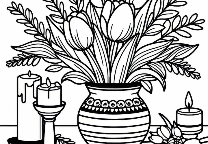 Váza s tulipány na stole – omalovánka zdarma