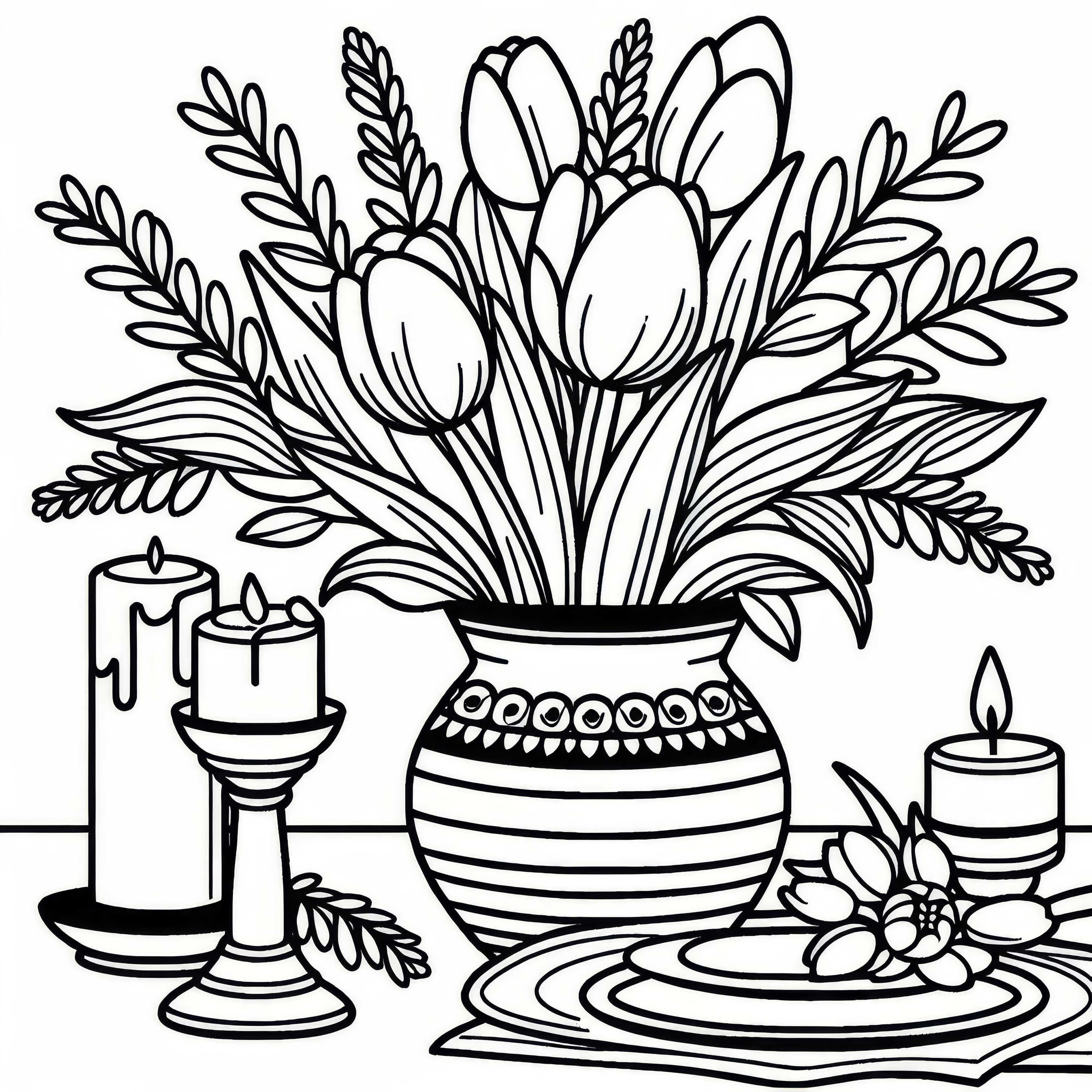 Vaso com tulipas na mesa – Desenho para colorir grátis Vaso com tulipas sobre a mesa – Desenho para colorir gratuito