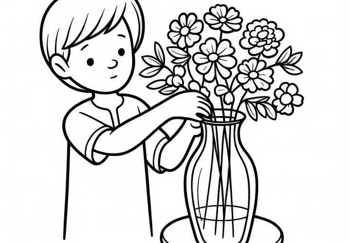 Dítě dává květiny do skleněné vázy – omalovánka zdarma