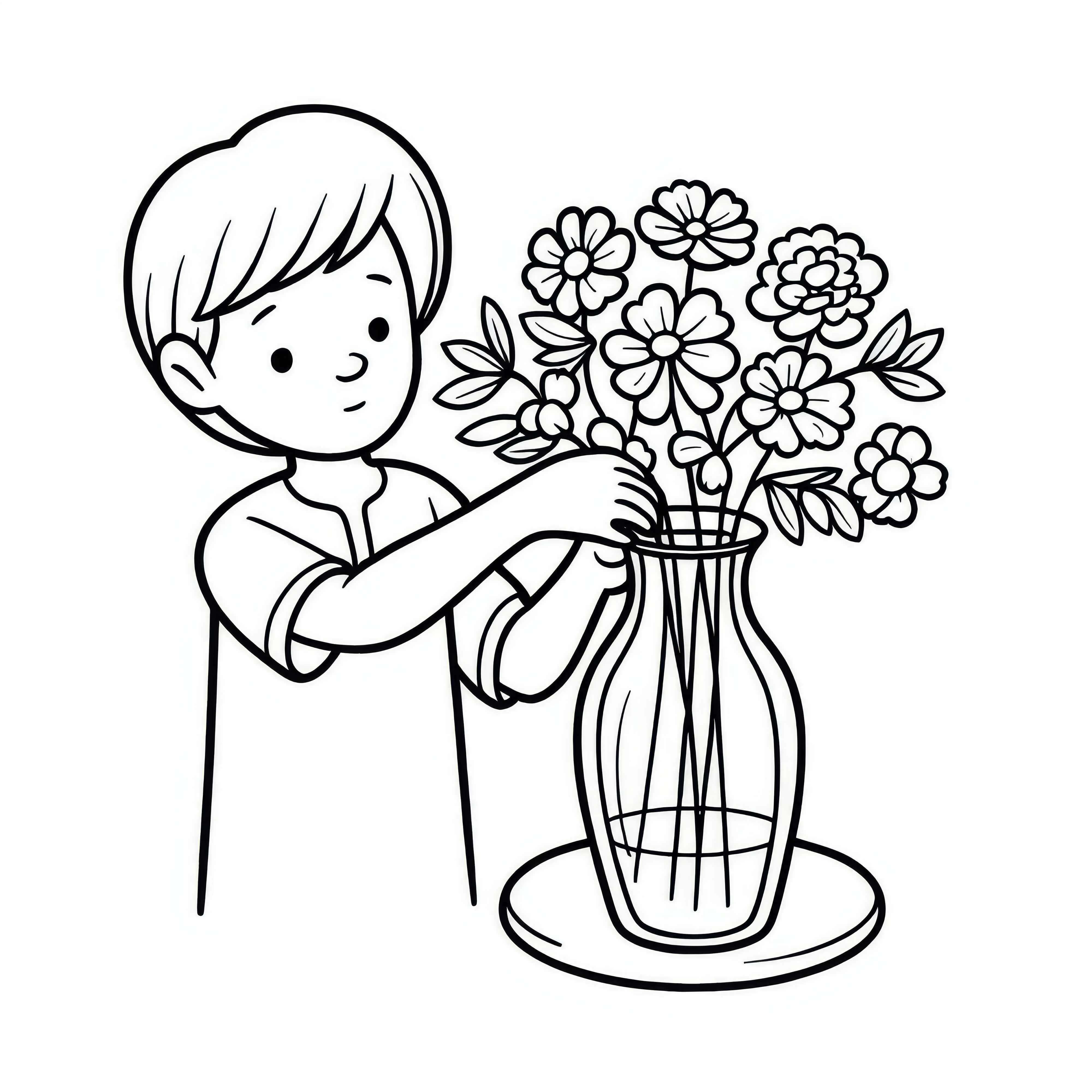 Criança coloca flores em um vaso de vidro - Modelo para colorir grátis Criança coloca flores em vaso de vidro - Modelo para colorir gratuito