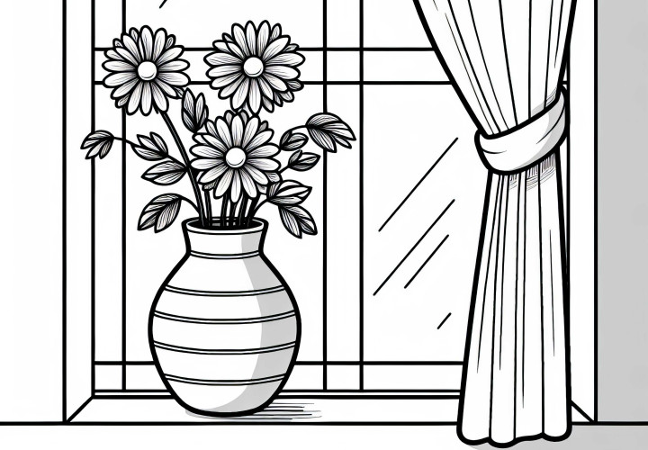 Blumenvase vor Fenster Ausmalbild kostenlos herunterladen