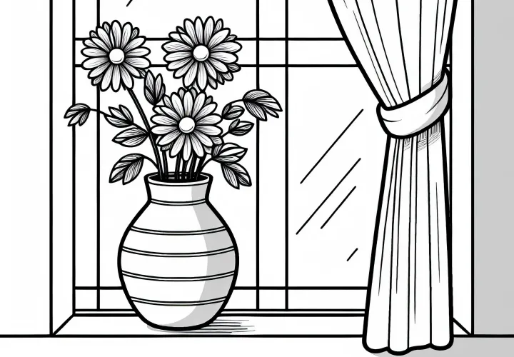 Blumenvase vor Fenster Ausmalbild kostenlos herunterladen