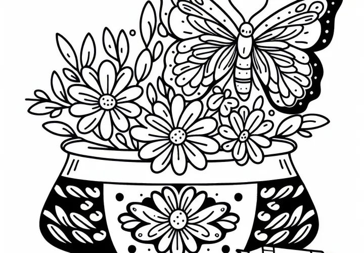 Motýl u vázy s květinami omalovánka zdarma