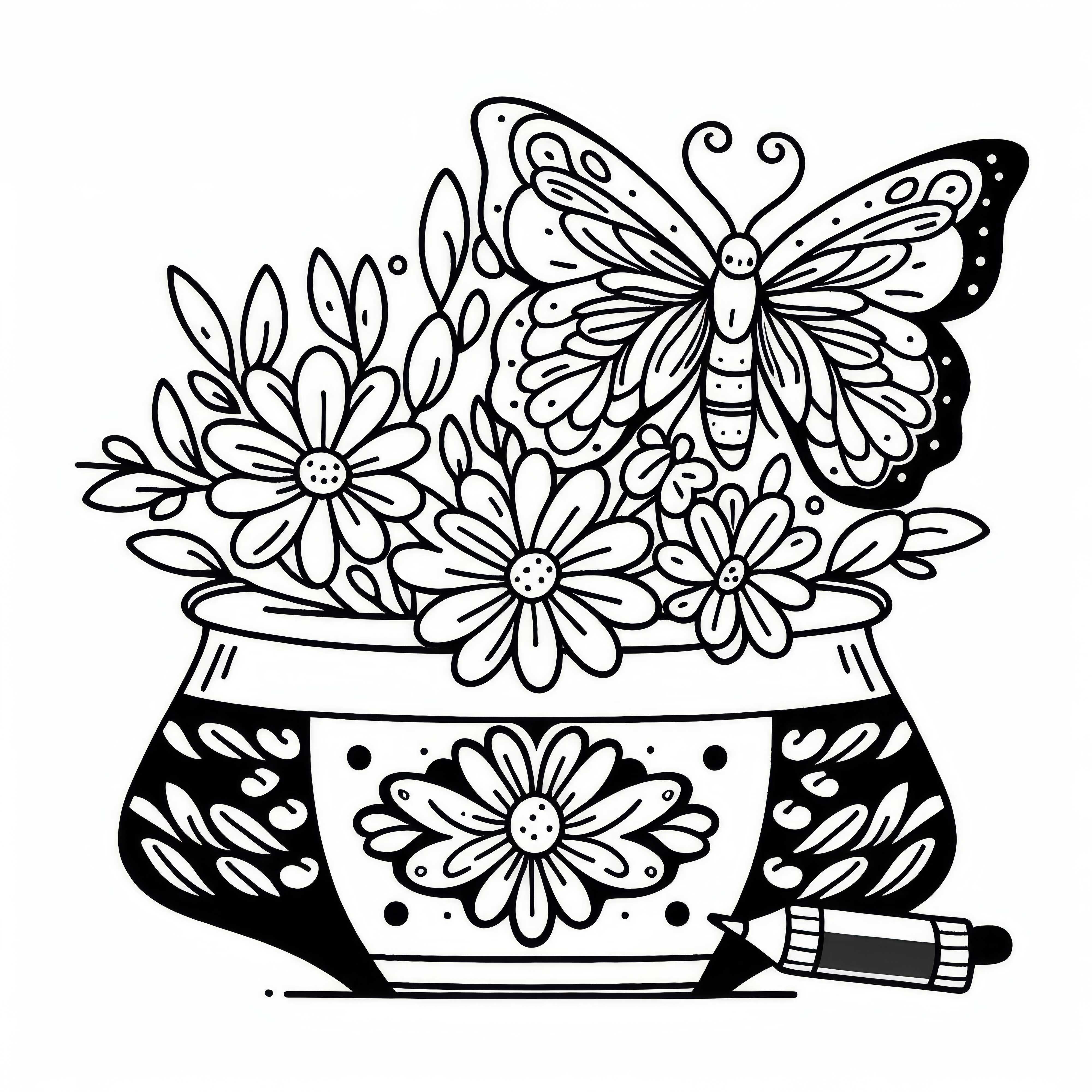 Borboleta com vaso de flores, modelo para colorir grátis Borboleta na vaso de flores: modelo para colorir grátis