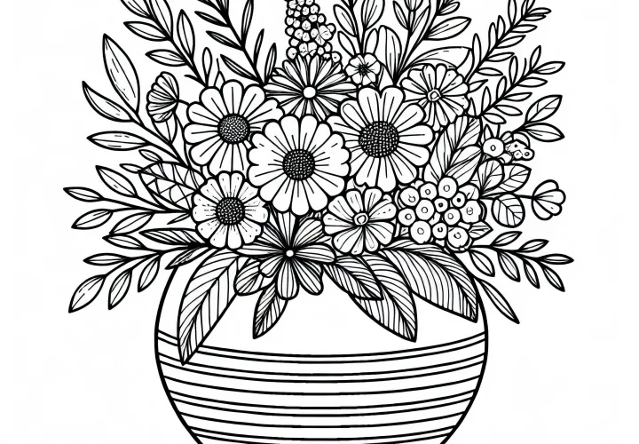 Široká váza s zahradními květinami - Šablona na malování zdarma