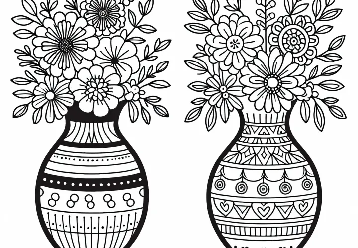 Dva vázy vedle sebe s různými květinami - omalovánka
