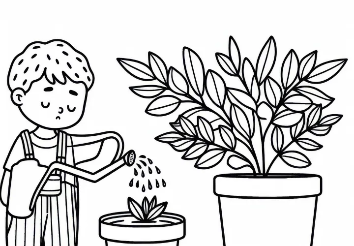 Dítě zalévá malou pokojovou rostlinu – Ombre obrázek na stažení pro pokojové rostliny