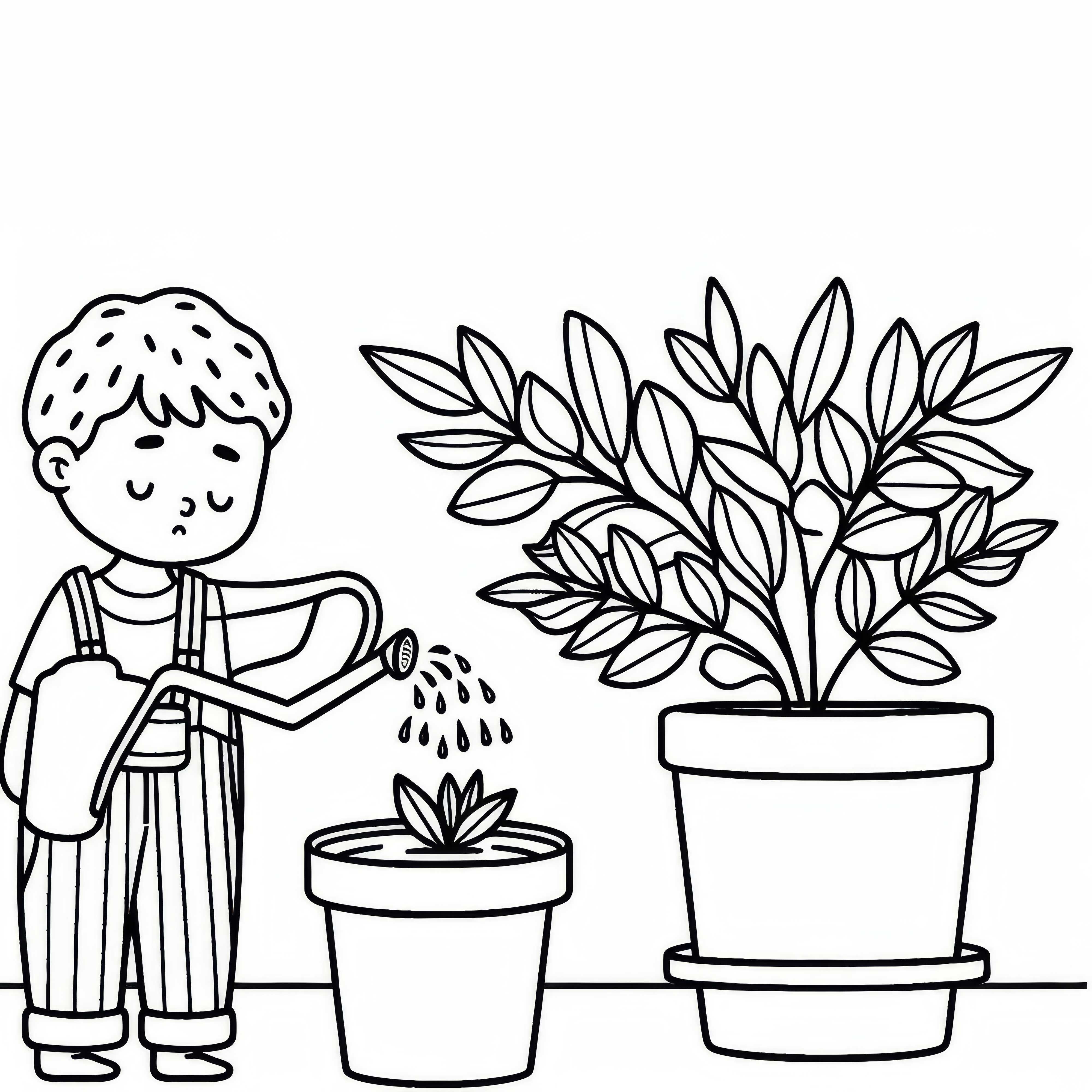 Kind gießt kleine Topfpflanze – Ausmalbild für Zimmerpflanzen zum Download
