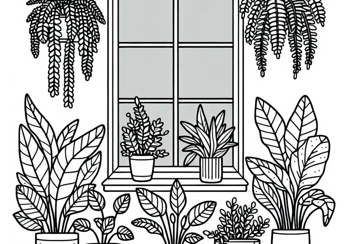 Okno s květinami před ním – omalovánka s pokojovými rostlinami zdarma