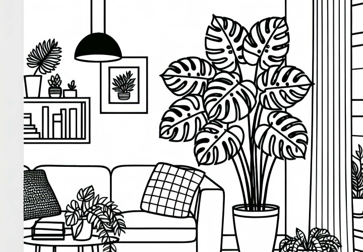Wohnzimmer mit großer Monstera – Malvorlage für Zimmerpflanzen kostenlos Wohnzimmer mit großer Monstera – Malvorlage für Zimmerpflanzen kostenlos