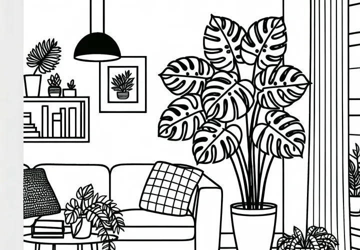 Obývací pokoj s velkou monstera – Malovací šablona na pokojové rostliny zdarma