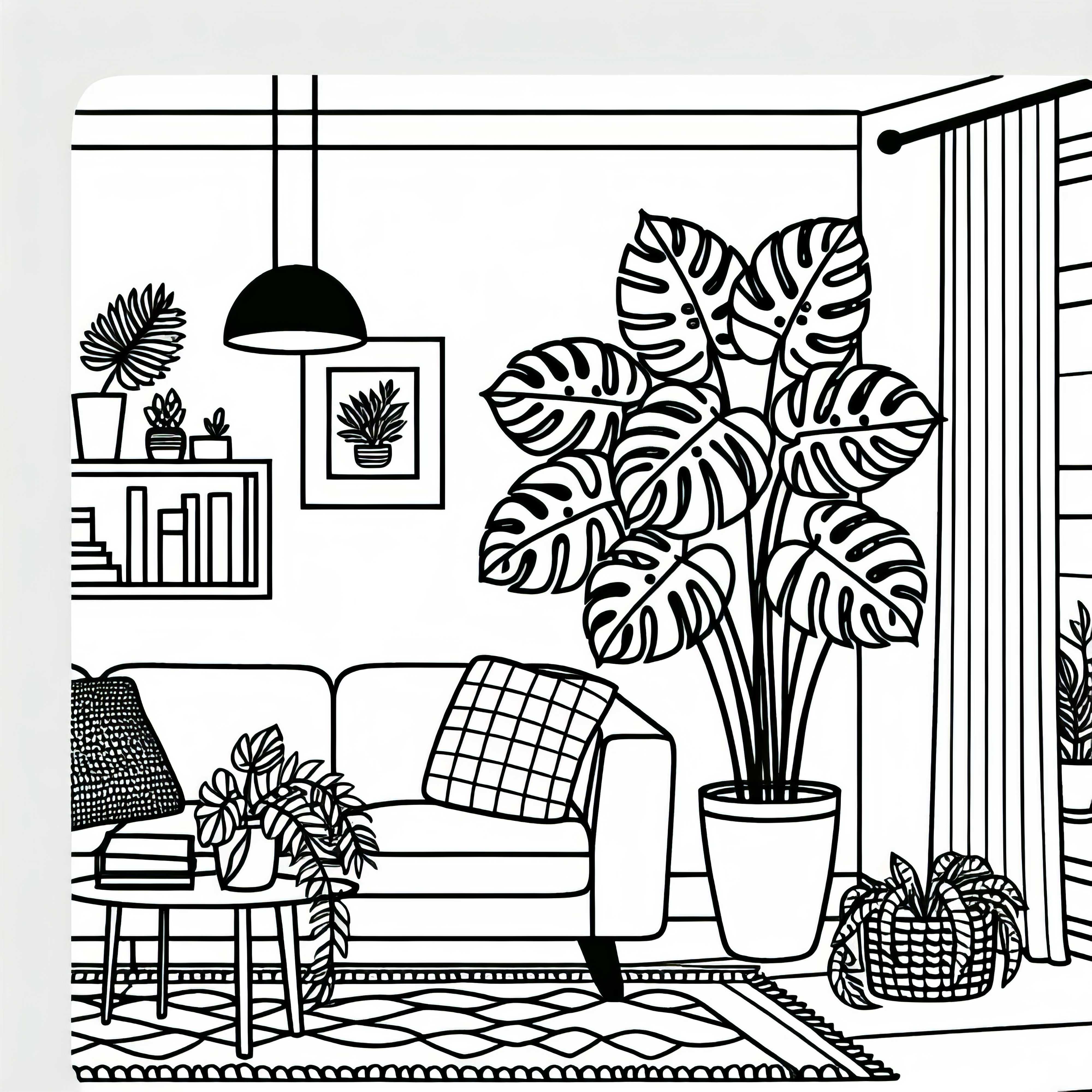 Wohnzimmer mit großer Monstera – Malvorlage für Zimmerpflanzen kostenlos