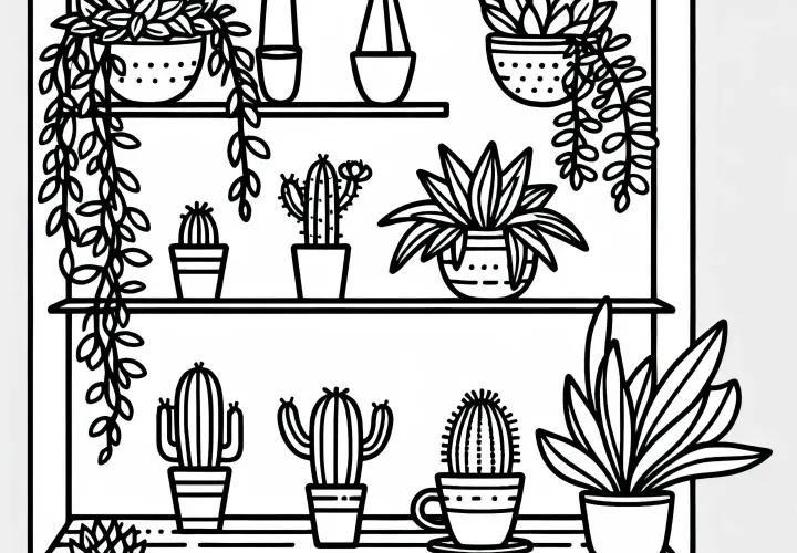 Regál s visícími rostlinami a kaktusy - omalovánka pro pokojové rostliny zdarma