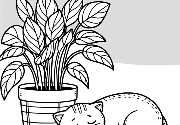 Kočka spí vedle květináče – omalovánka pokojových rostlin zdarma