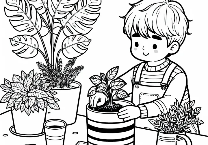 Děti sázejí řízky do malého květináče – Bezplatná omalovánka pokojových rostlin