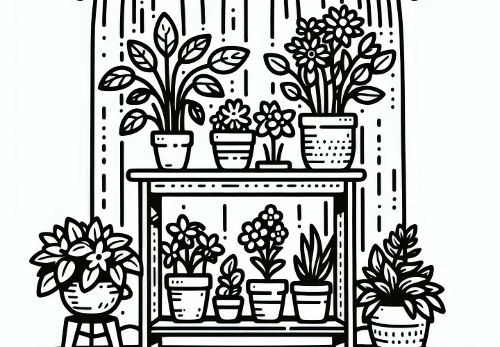 Stojan na rostliny s různými květináči - omalovánka pokojových rostlin zdarma