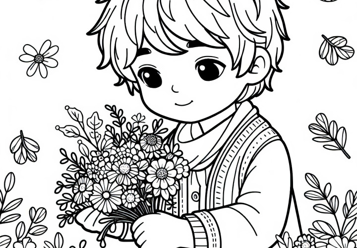 Bambino raccoglie fiori autunnali per un mazzo - Disegno da colorare gratuito Bambino raccoglie fiori autunnali per un mazzo - Disegno da colorare gratuito
