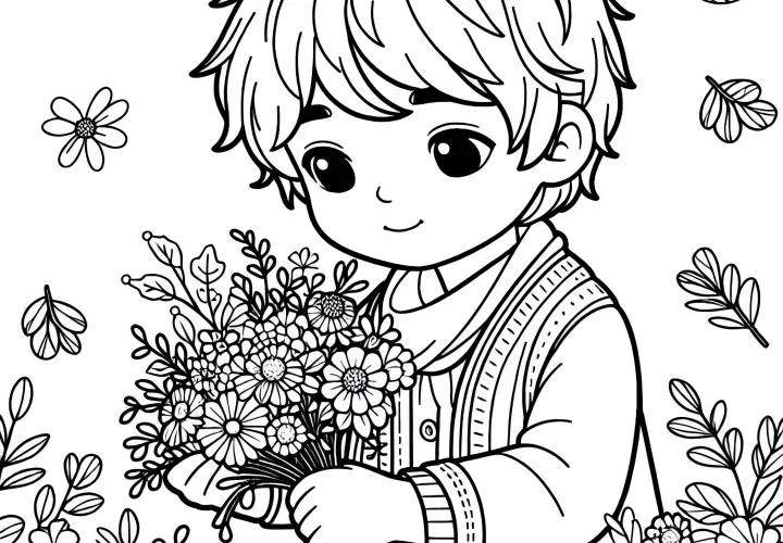 Bambino raccoglie fiori autunnali per un mazzo - Disegno da colorare gratuito