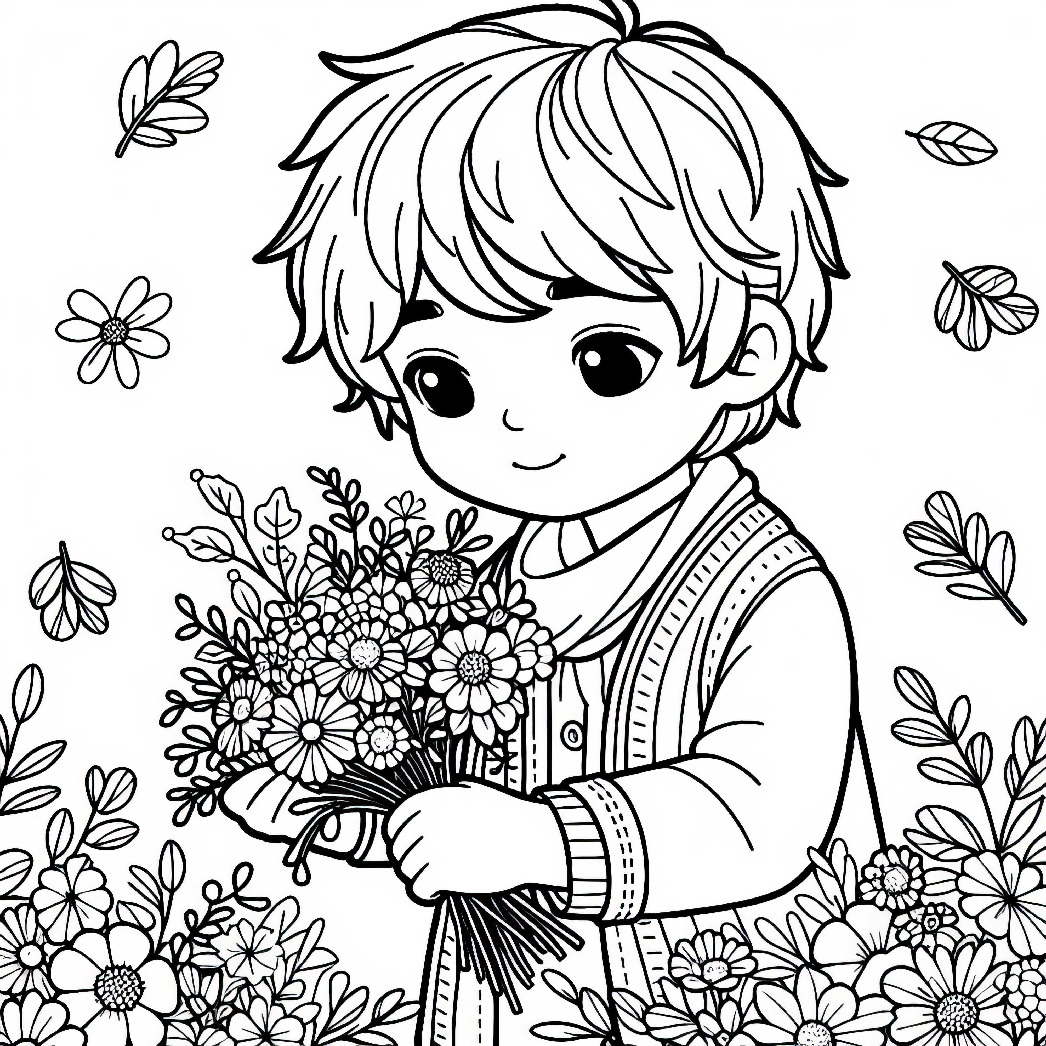 Il bambino raccoglie fiori autunnali per il mazzo - Disegno da colorare gratis