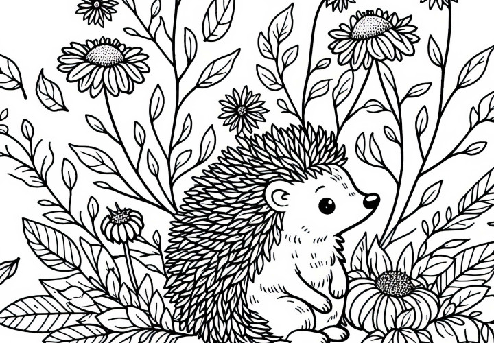 Il riccio è seduto tra i fiori autunnali appassiti – Immagine da colorare gratuita Riccio seduto tra fiori autunnali appassiti - Disegno da colorare gratuito