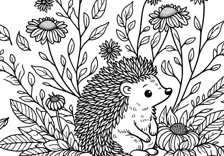 Riccio seduto tra fiori autunnali appassiti - Disegno da colorare gratuito
