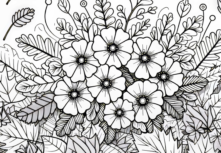 Fiori autunnali fioriscono tra le foglie cadute - Disegno da colorare gratuito Fiori d'autunno fioriscono tra foglie cadute - Disegno da colorare gratuito
