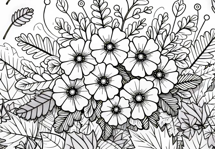 Fiori d'autunno fioriscono tra foglie cadute - Disegno da colorare gratuito