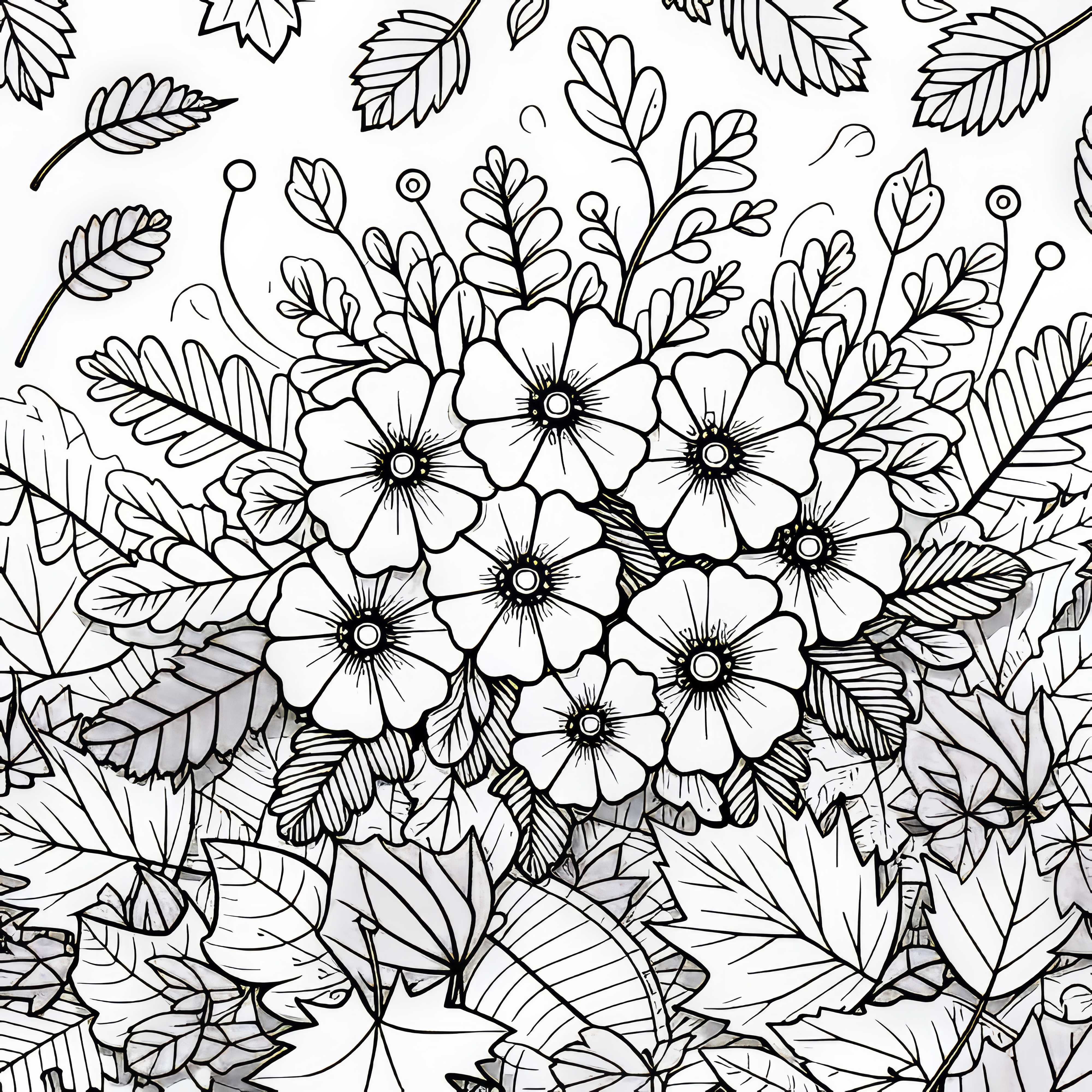 Fiori autunnali sbocciano tra le foglie cadute - Disegno da colorare gratuito