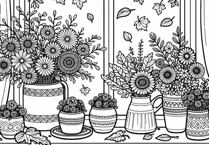 Davanzale con fiori autunnali in vaso - Immagine da colorare gratuita Davanzale con fiori autunnali in vaso - Immagine da colorare gratuita