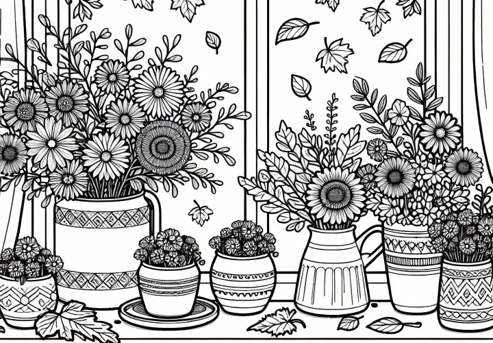 Davanzale con fiori autunnali in vaso - Immagine da colorare gratuita