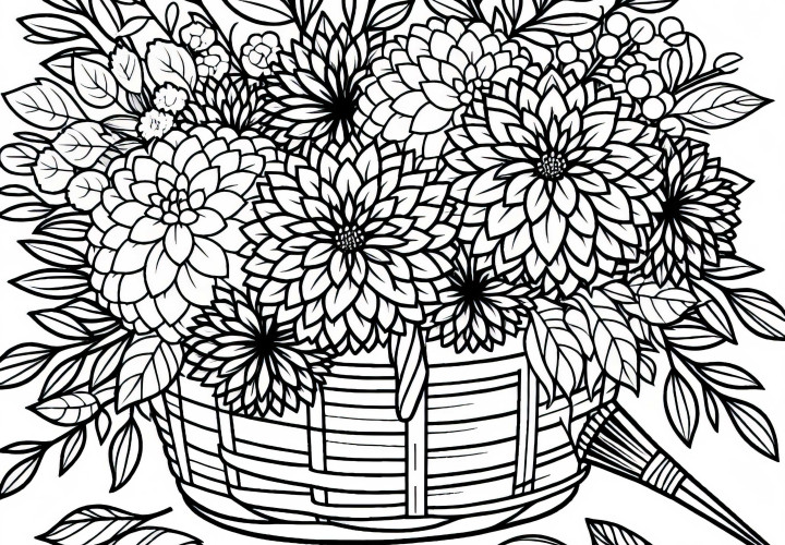 Cesta piena di dalie tagliate – Modello da colorare per fiori autunnali gratuito Cesto pieno di dalie tagliate - Disegno da colorare per fiori autunnali gratis