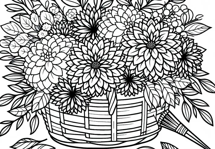 Cesto pieno di dalie tagliate - Disegno da colorare per fiori autunnali gratis
