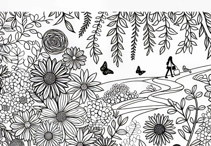 Passeggiata in un giardino fiorito autunnale: Modello da colorare per fiori autunnali gratuito