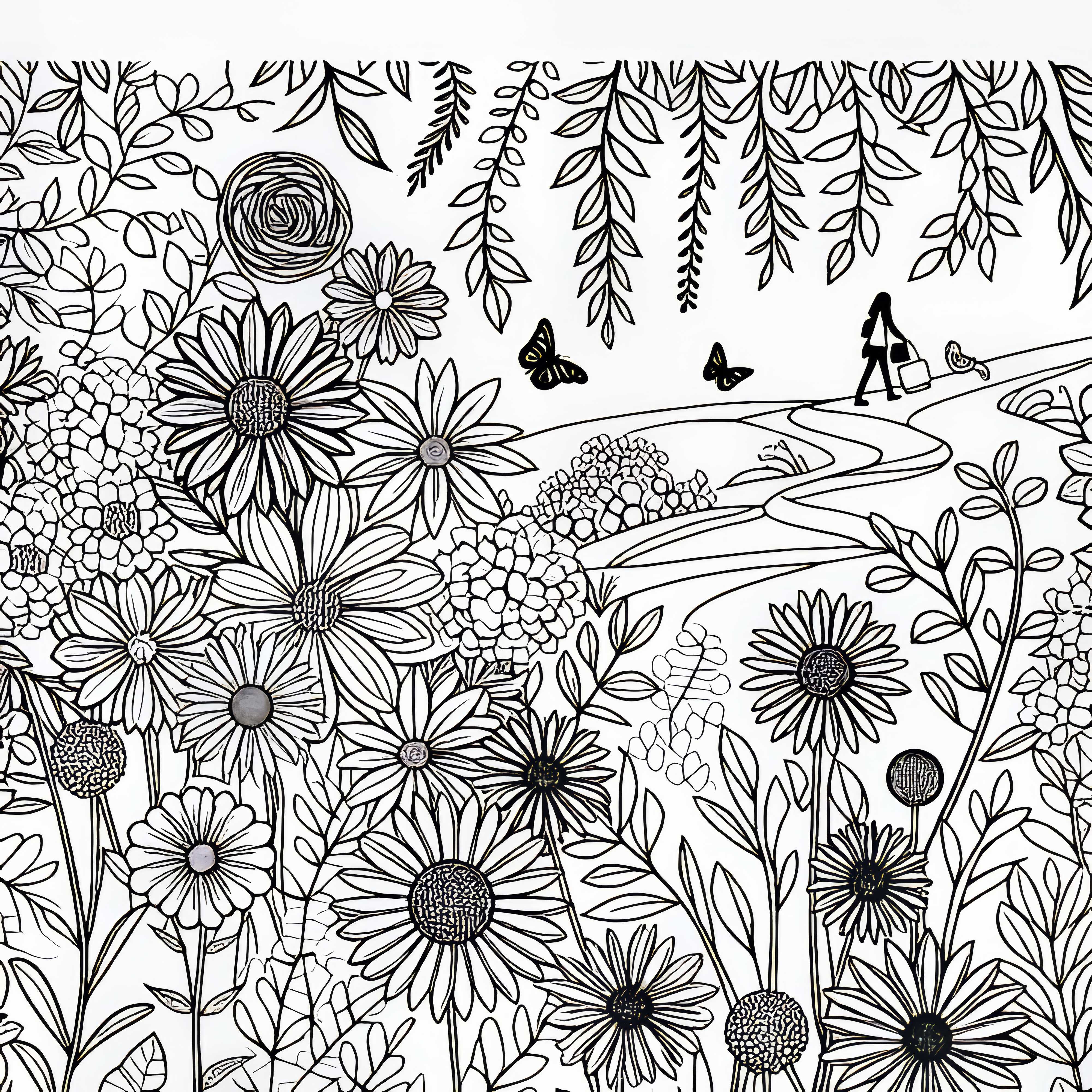 Passeggiata in un giardino fiorito autunnale: Disegno da colorare di fiori autunnali gratuito