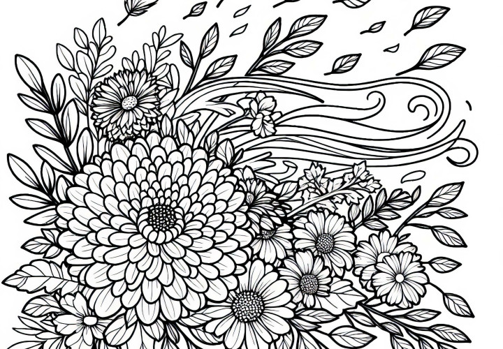 Il vento soffia tra i fiori autunnali: scarica gratuitamente il disegno da colorare Il vento soffia tra i fiori autunnali: scarica il modello da colorare gratuitamente