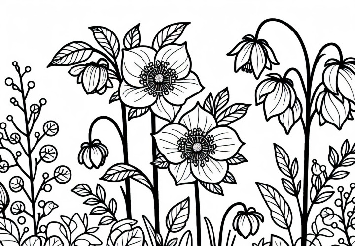 Téléchargez gratuitement un dessin à colorier de parterre de roses de Noël dans le jardin en hiver avec des fleurs d'hiver