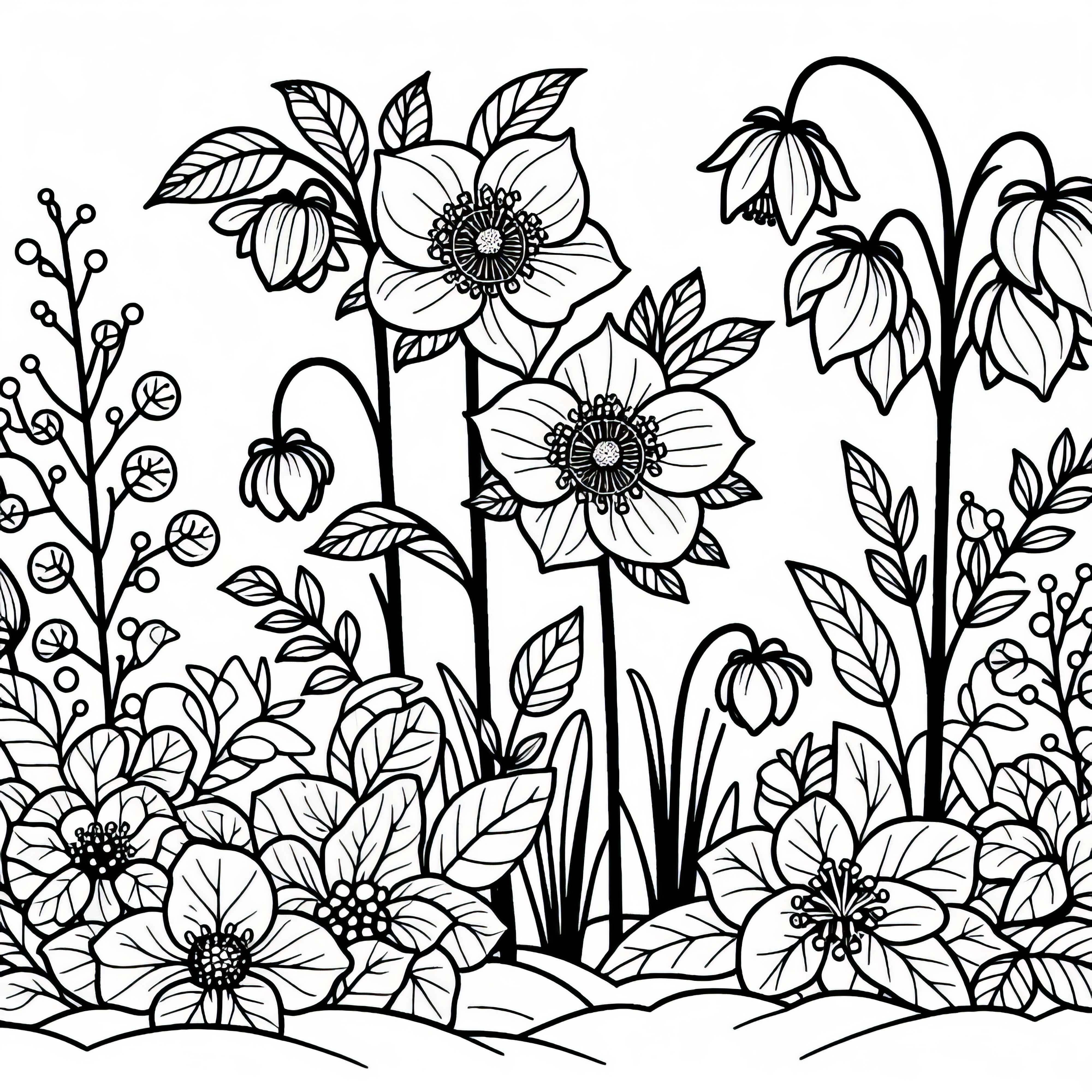 Dessin à colorier de parterre de roses de Noël dans le jardin en hiver à télécharger gratuitement pour les fleurs d'hiver