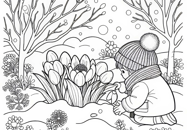 L'enfant découvre les premières fleurs d'hiver sous un manteau de neige - Dessin à colorier gratuit