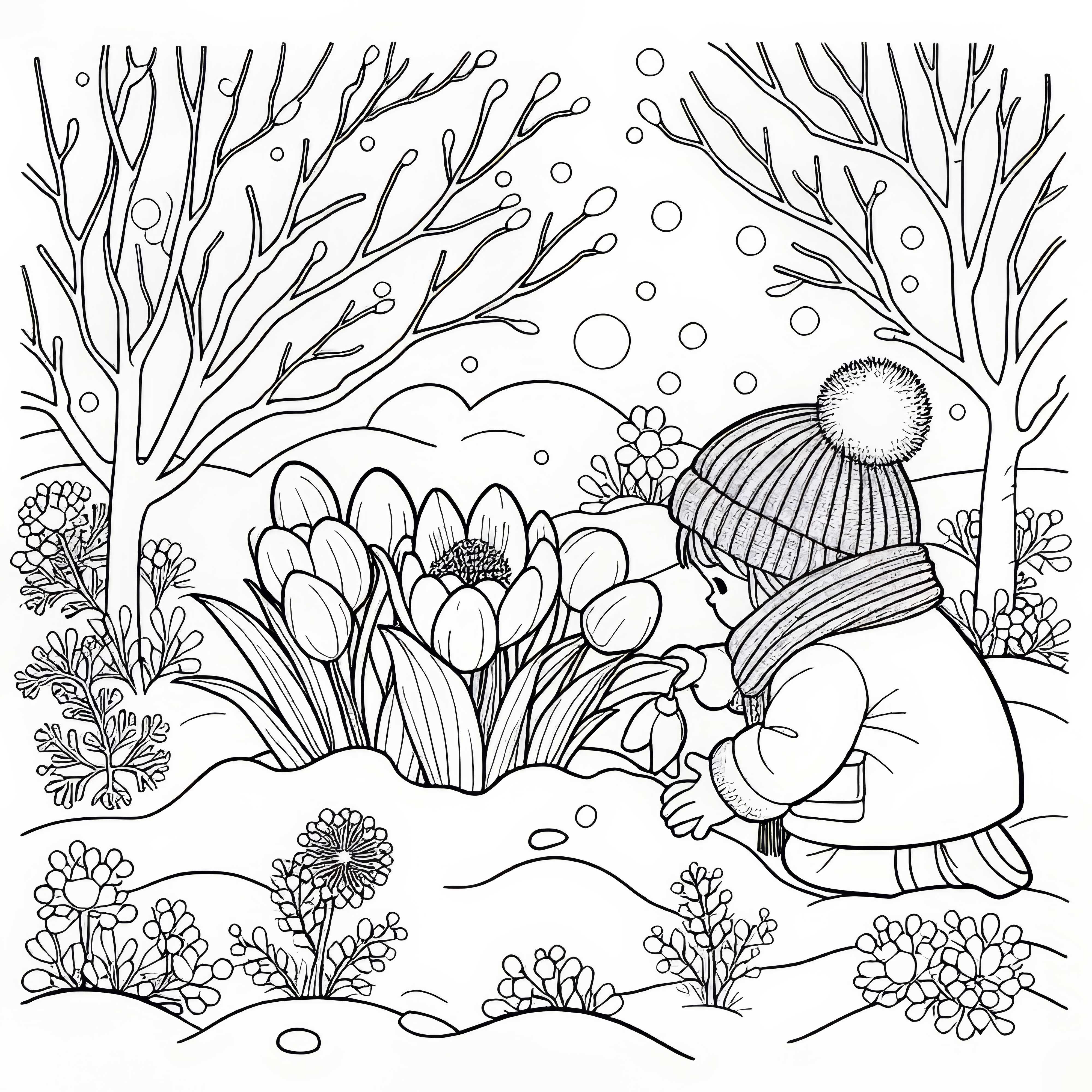 L'enfant découvre les premières fleurs d'hiver sous le manteau de neige – Image à colorier gratuite