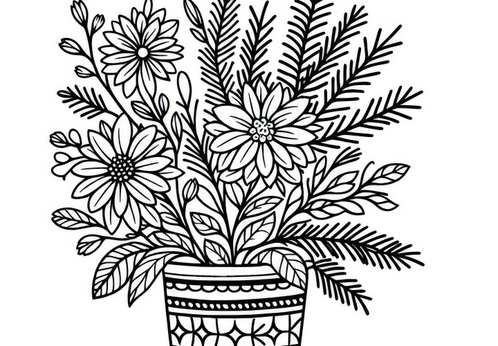 Fleurs d'hiver dans un pot de fleurs avec des branches de pin - Modèle de coloriage gratuit