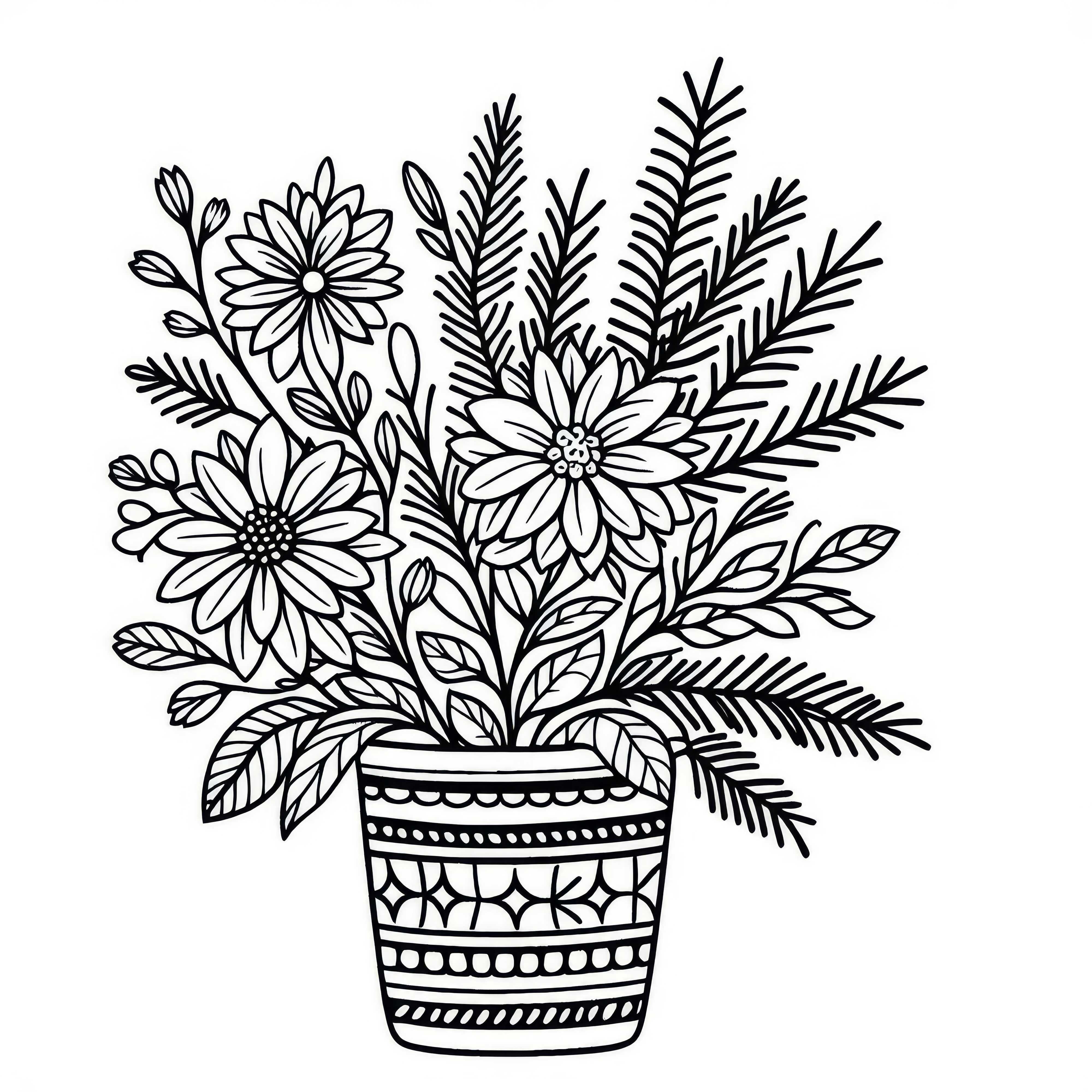 Fleurs d'hiver dans un pot avec des branches de sapin - Modèle de coloriage gratuit