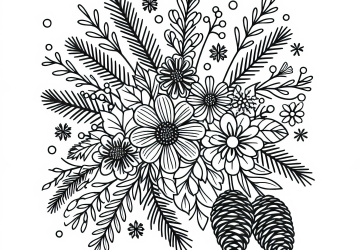 Arrangement de fleurs d'hiver et de cônes - Modèle à colorier gratuit Arrangement de fleurs d'hiver et de cônes - Modèle de coloriage gratuit
