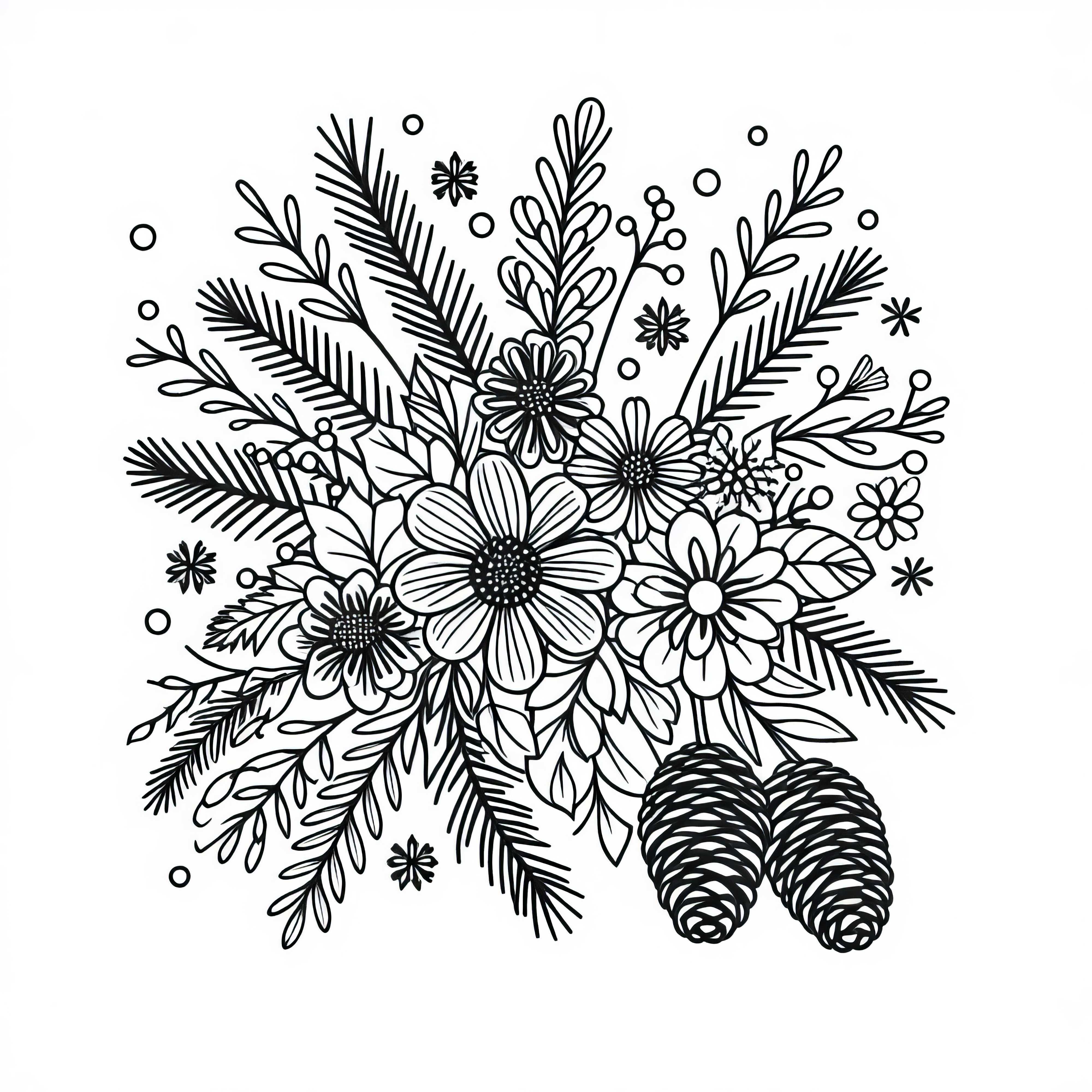 Arrangement de fleurs d'hiver et de pommes de pin - Modèle de coloriage gratuit